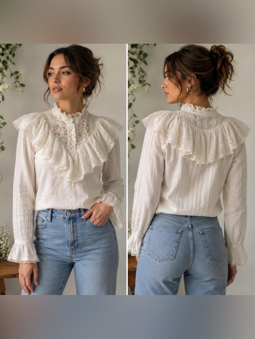 Vintage Ivory Victorian Lace Ruffle Sheer Blouse S/M Gunne Sax Style